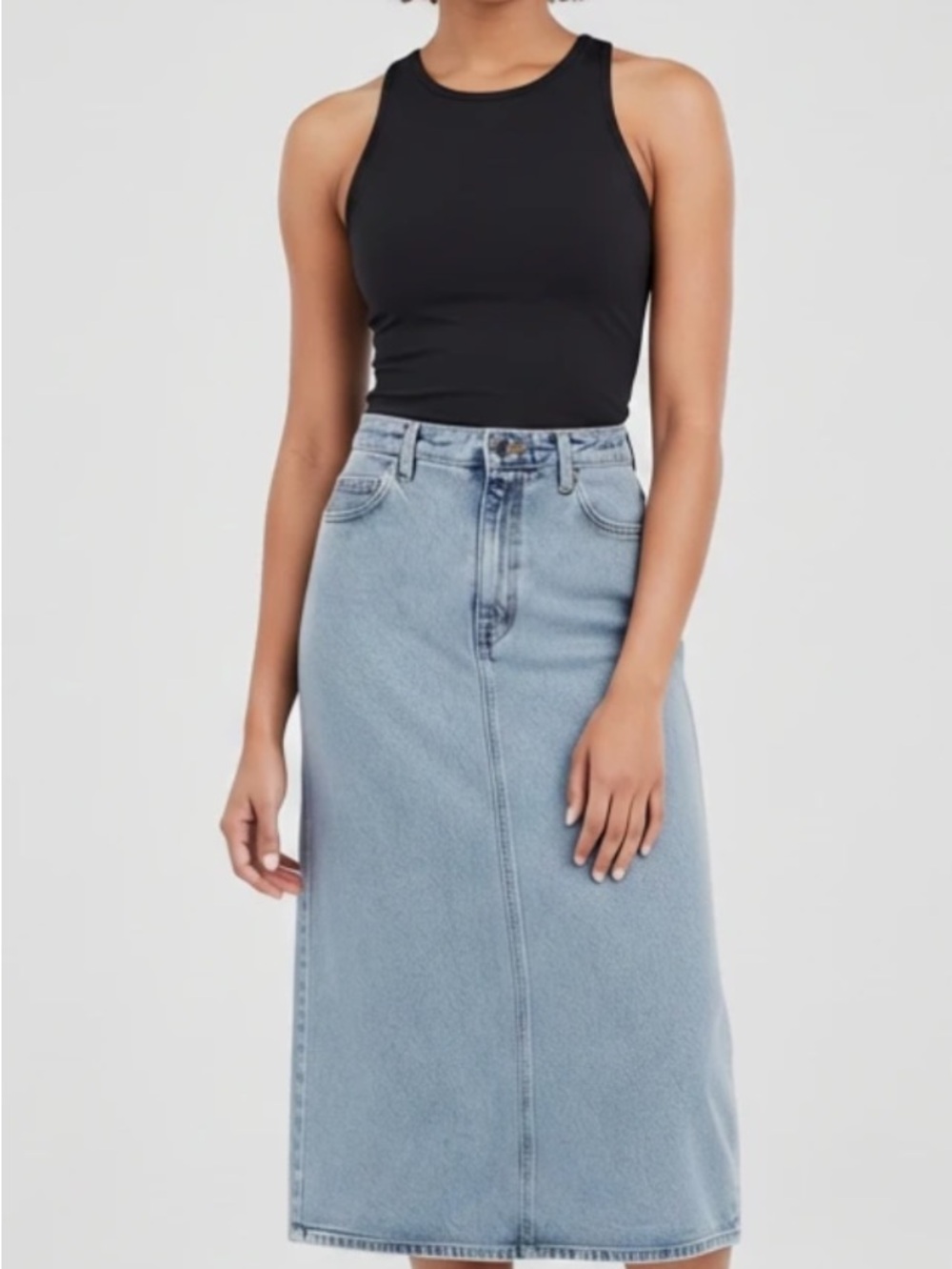 High-Rise Light Blue Denim Midi Skirt - Women's